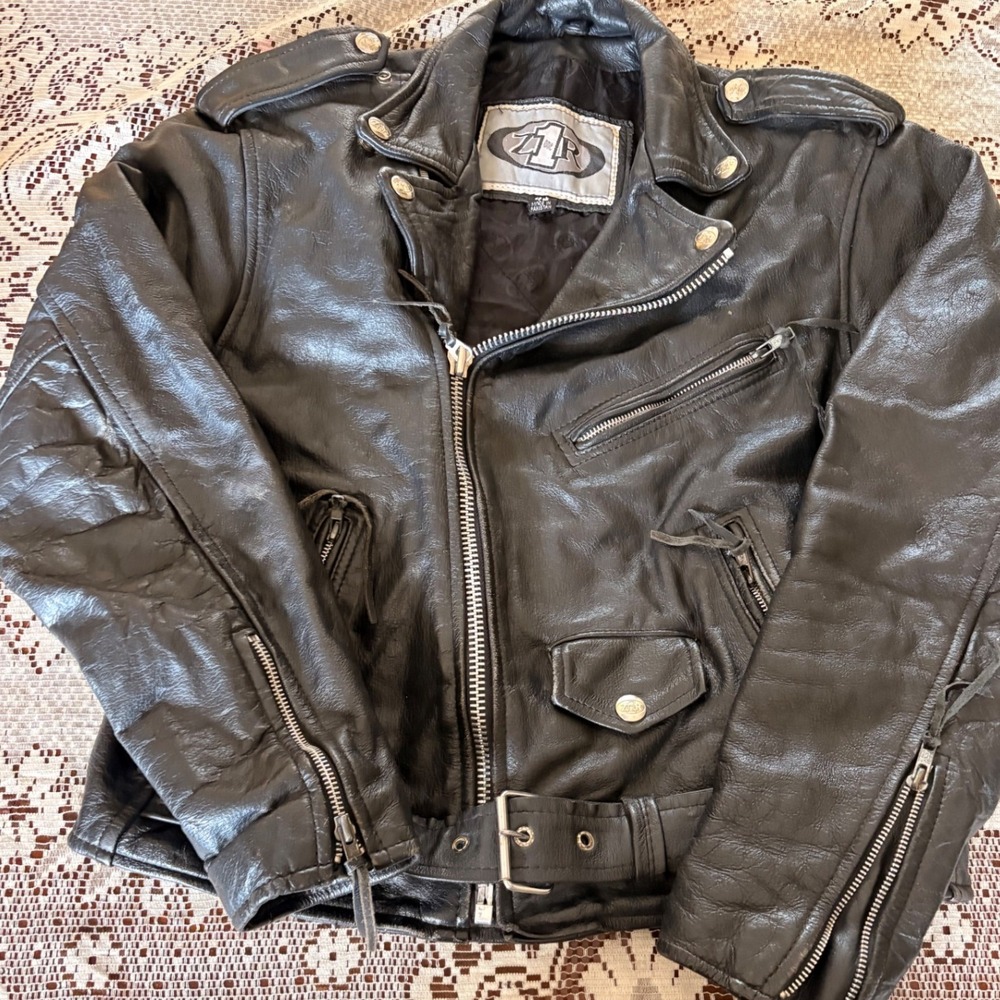 Z1R Leather Motorcycle Jacket Mens 42 Biker Black Belted Heavy Duty